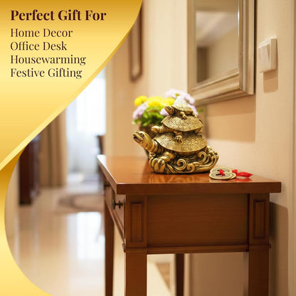 GJ Polyresin Feng Shui 3 Tortoise with 2 Lucky Coins for Good Luck & Wealth | Three Turtle Vastu Showpiece for Home Decor | House Warming & Shop Opening Gift