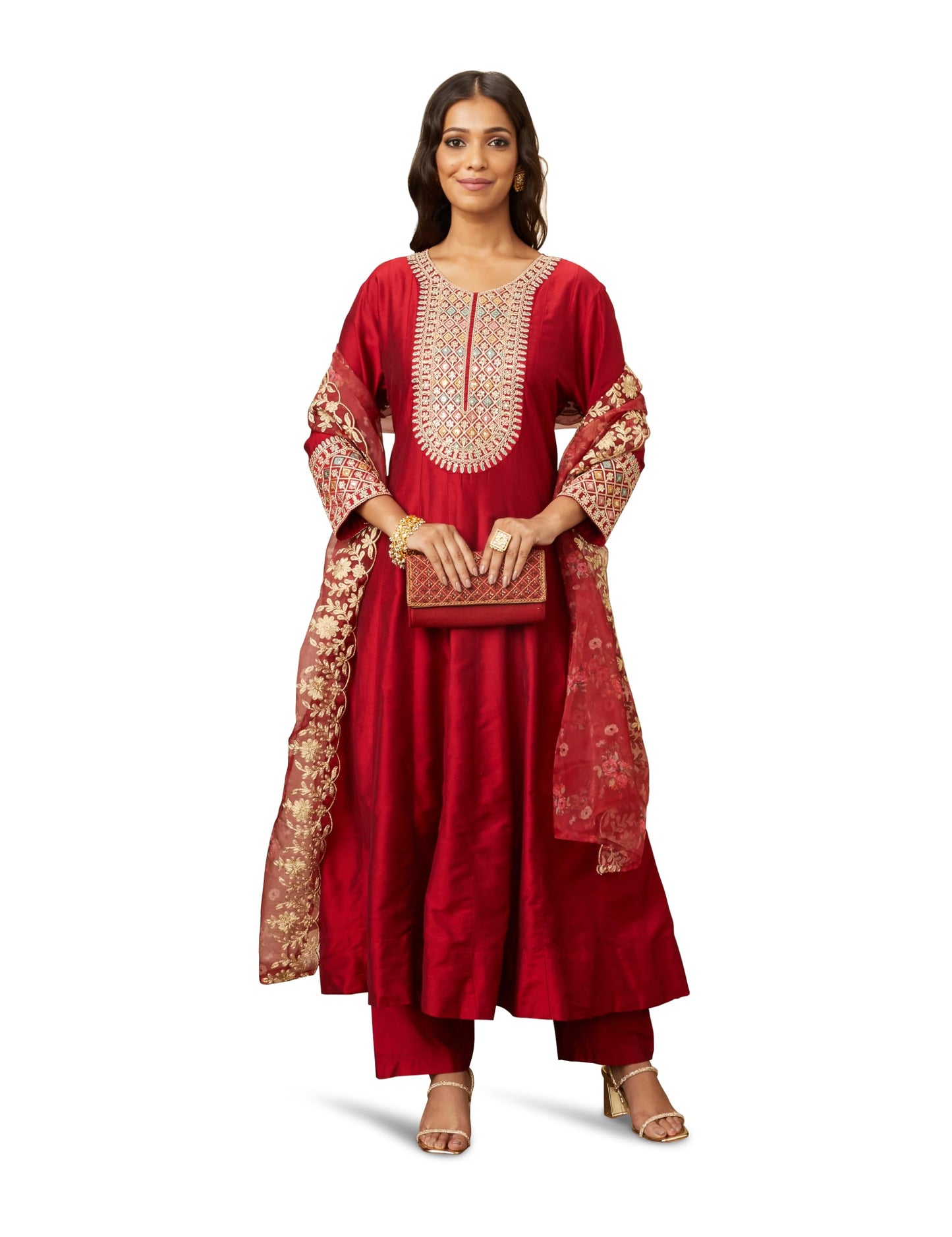 Amazon Brand - Myx Women's Embroidered Anarkali Kurta Pant Set with Organza Dupatta | A-line fit (Available in Plus Sizes)
