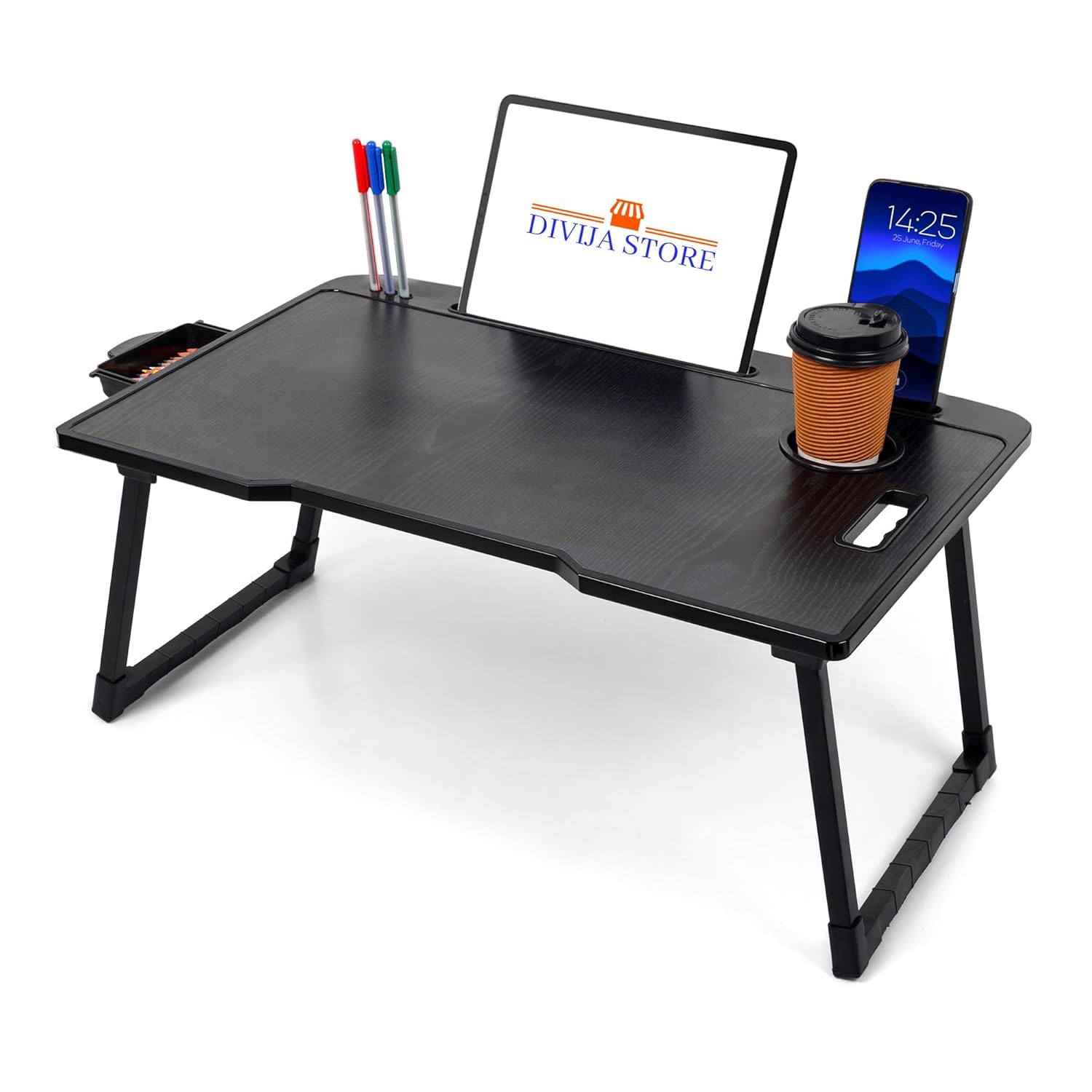 DIVIJA STORE Wood Smart Multipurpose Foldable Laptop Table with Cup Holder, Study Table, Bed Table, Breakfast Table, Foldable and Portable/Ergonomic & Rounded Edges/Non-Slip Legs (Black), 59 cm, 8 cm