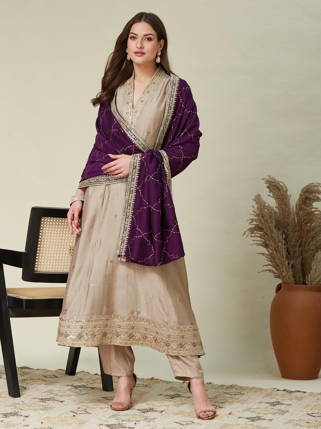 MOKOSH Women's Silk Embroidered Kurta Pant Dupatta Set