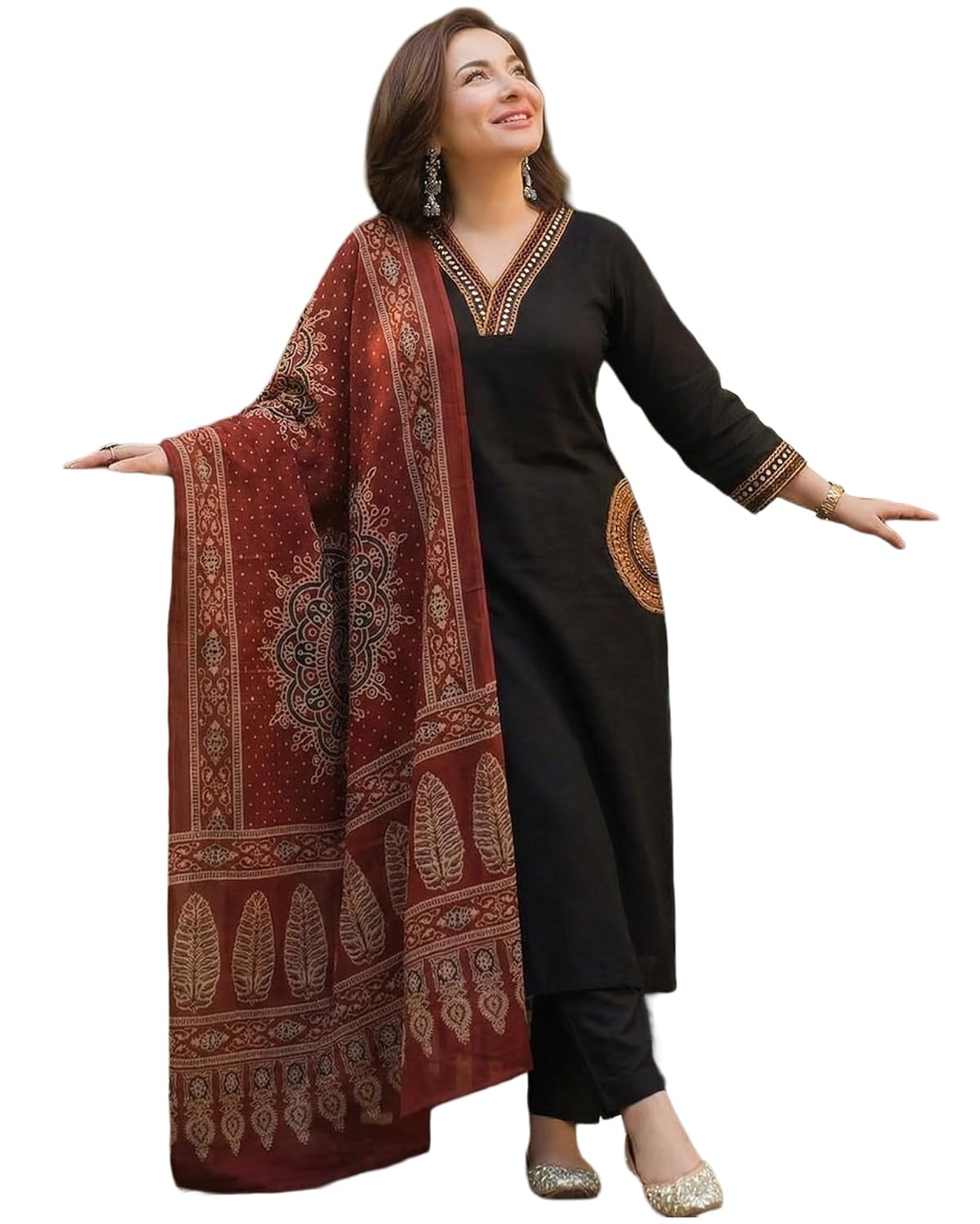 ANNI Designer Women's Rayon Viscose Straight Embroidered Kurta with Pant and Dupatta | V-Neck Kurti Set | 3/4 Length Regular Sleeves | Soft Comfortable Fabric | 3 Piece Outfit