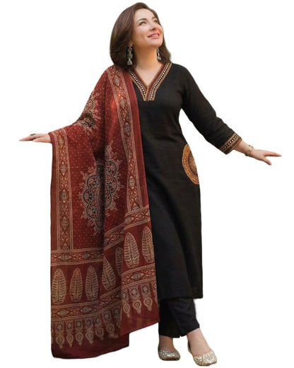 ANNI Designer Women's Rayon Viscose Straight Embroidered Kurta with Pant and Dupatta | V-Neck Kurti Set | 3/4 Length Regular Sleeves | Soft Comfortable Fabric | 3 Piece Outfit