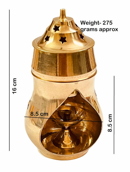 Brass Camphor Aroma Incense Burner Lamp Aroma Lamp Oil Burner Oil Diffuser with Diya (8.5cm x 8.5cm x 16cm)