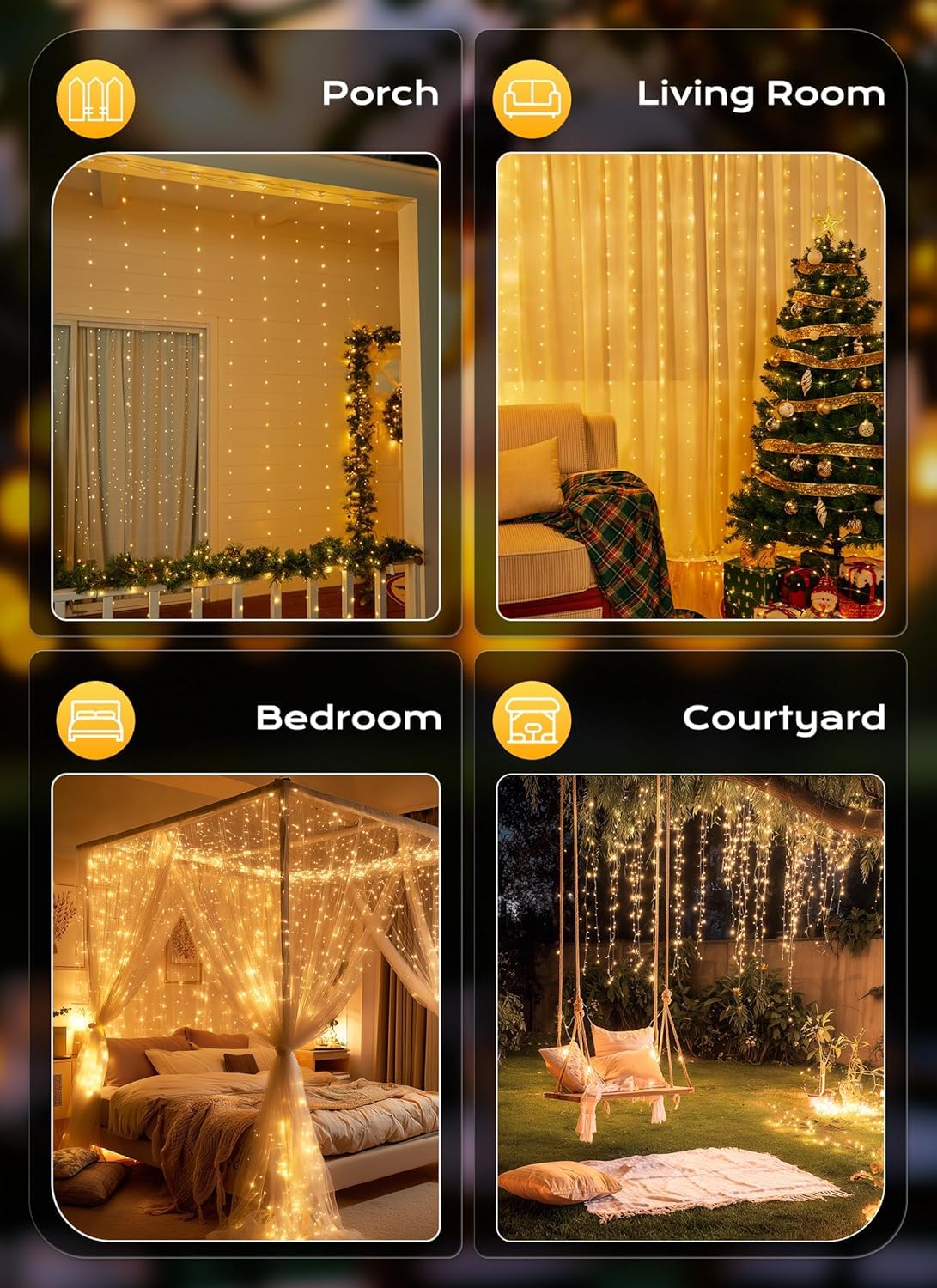 FLYNGO Fairy Curtain String Lights for Decoration, Warm White USB Powered 300 LED Lights with 8 Flashing Modes, Lights for Diwali, Christmas, Wedding, Party, Home (Fairy Curtain Warm White)