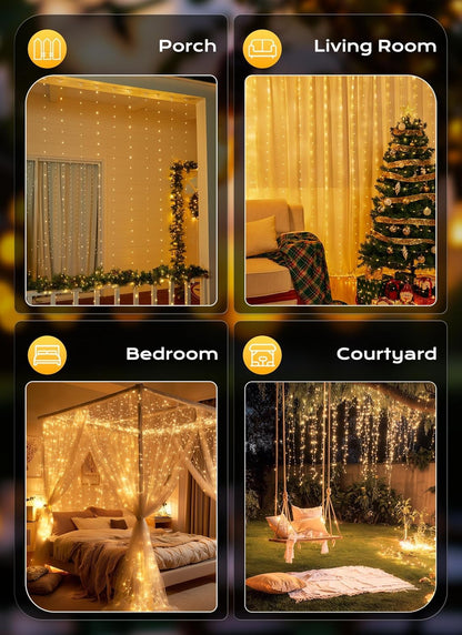 FLYNGO Fairy Curtain String Lights for Decoration, Warm White USB Powered 300 LED Lights with 8 Flashing Modes, Lights for Diwali, Christmas, Wedding, Party, Home (Fairy Curtain Warm White)
