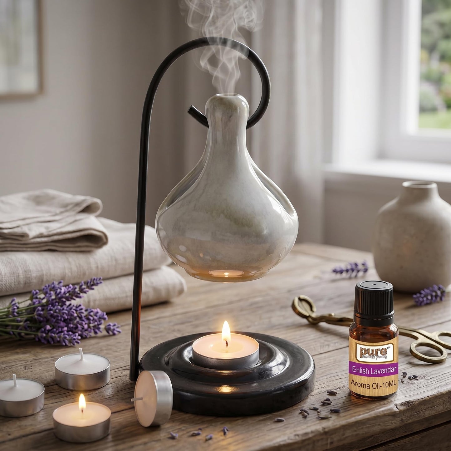Pure Source India Porcelain Relaxing Fragrance Aroma Set with 10 ml Aroma Oil and 4 Tea Light Candles (White)