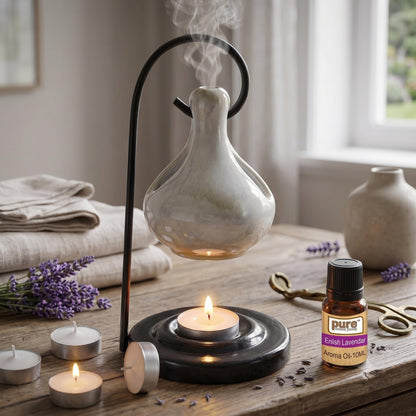 Pure Source India Porcelain Relaxing Fragrance Aroma Set with 10 ml Aroma Oil and 4 Tea Light Candles (White)