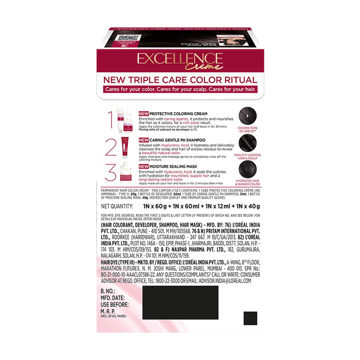 L'Oréal Paris Permanent Hair Colour, Radiant At-Home Hair Colour with up to 100% Grey Coverage, Pro-Keratin, Up to 8 Weeks of Colour, Excellence Crème, 3 Natural Darkest Brown, 72ml+100g