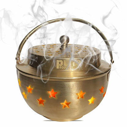 Pure Source India Brass Kapoor Dani, Aroma Diffuser, Bakhoor Dani, Incense Burner, Pack of 1(Star Cutting), Round