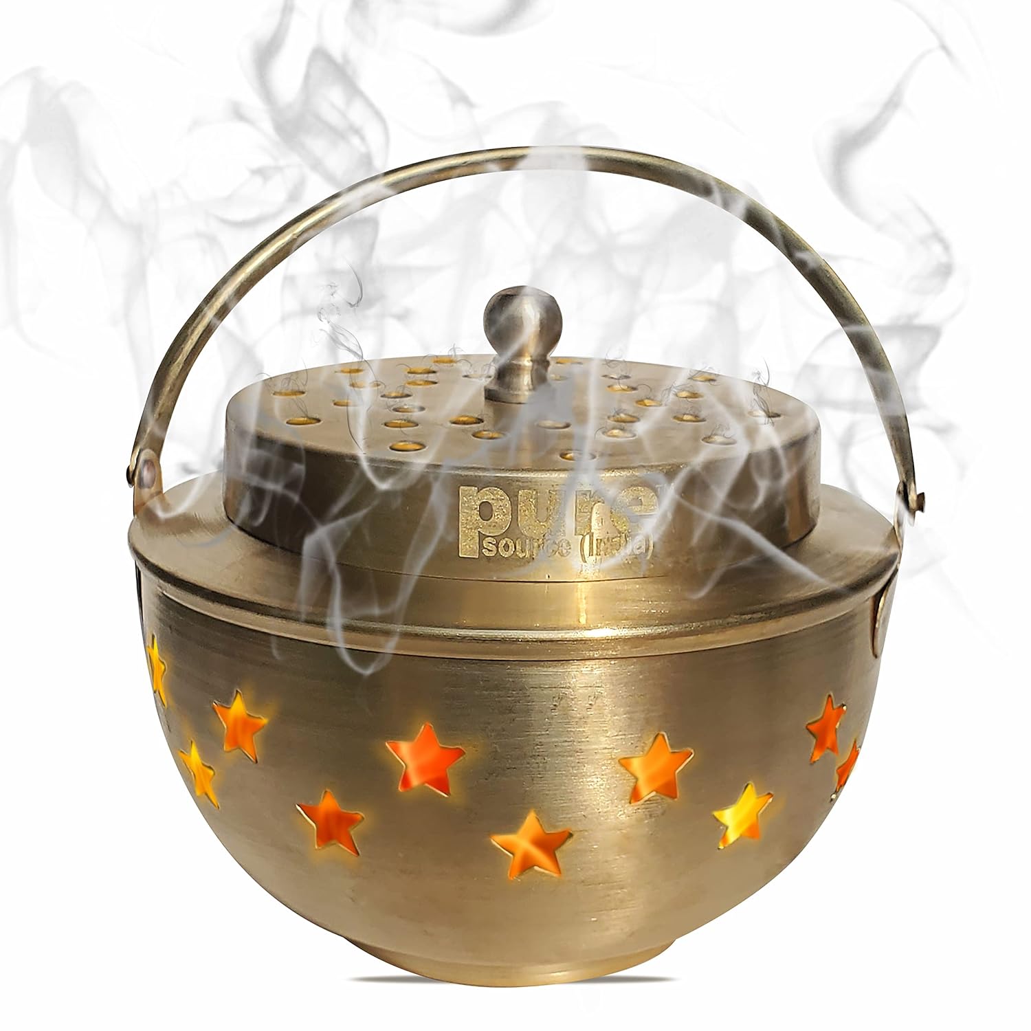 Pure Source India Brass Kapoor Dani, Aroma Diffuser, Bakhoor Dani, Incense Burner, Pack of 1(Star Cutting), Round