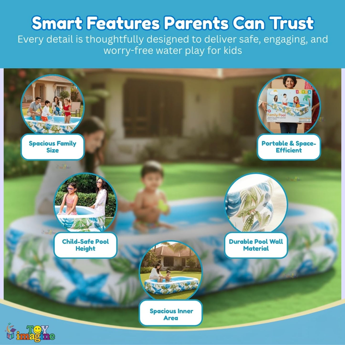 Toy Imagine 6.5 ft Inflatable Family Swimming Pool for Kids & Adults | Rectangular Pool with Electric Pump | Thick PVC | Multi-Use: Pool, Ball Pit, Bathtub & More