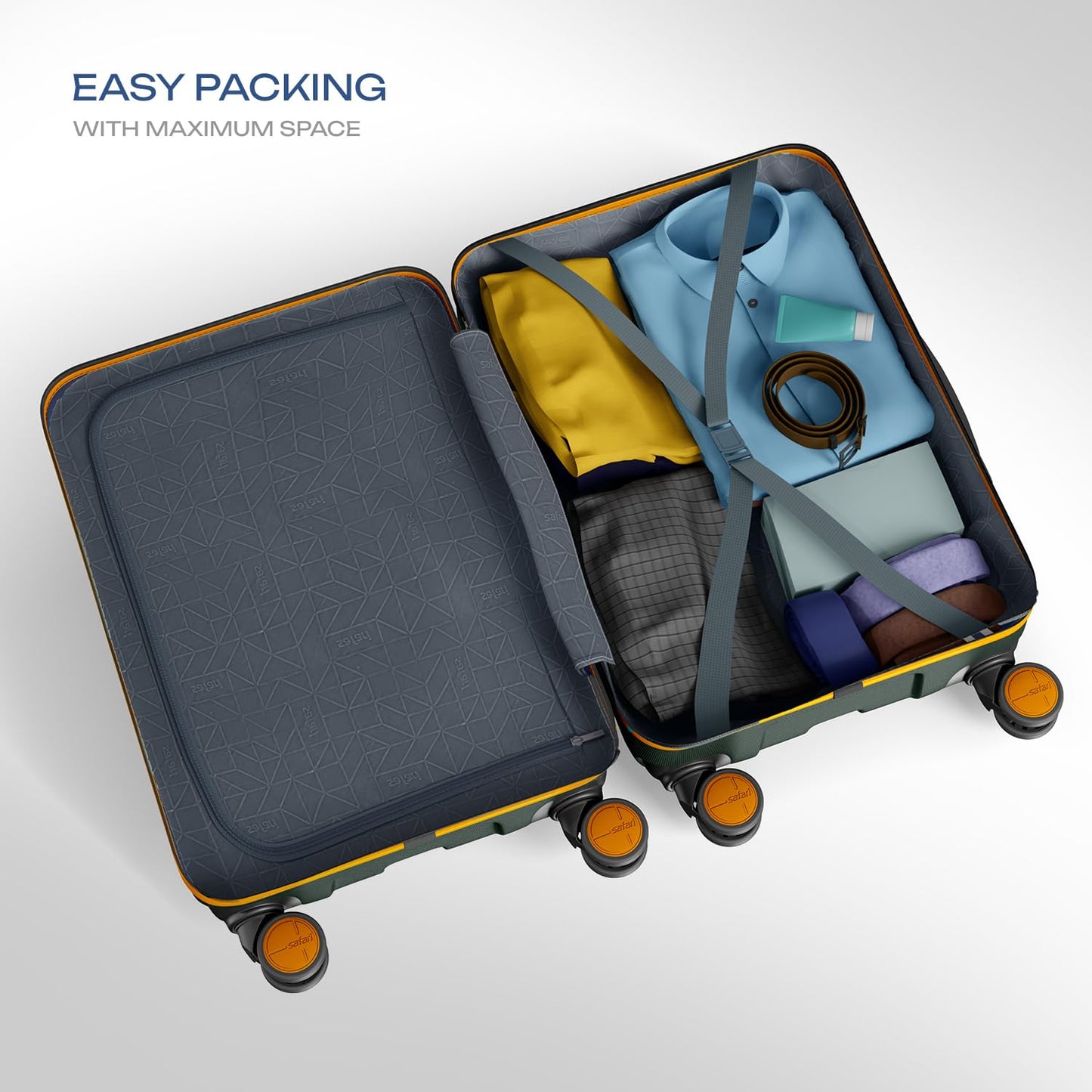 Safari Thorium Neo 8 Wheels Spinner Set of 3 Trolley Bags, Hard Case Polycarbonate, 360° Wheeling Carry on & Check-in Luggage for Men & Women, Suitcase for Travel, Trolley Bags for Travel, Dusk Green