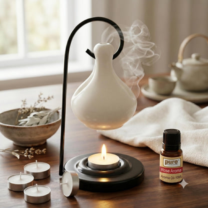 Pure Source India Porcelain Relaxing Fragrance Aroma Set with 10 ml Aroma Oil and 4 Tea Light Candles (White)