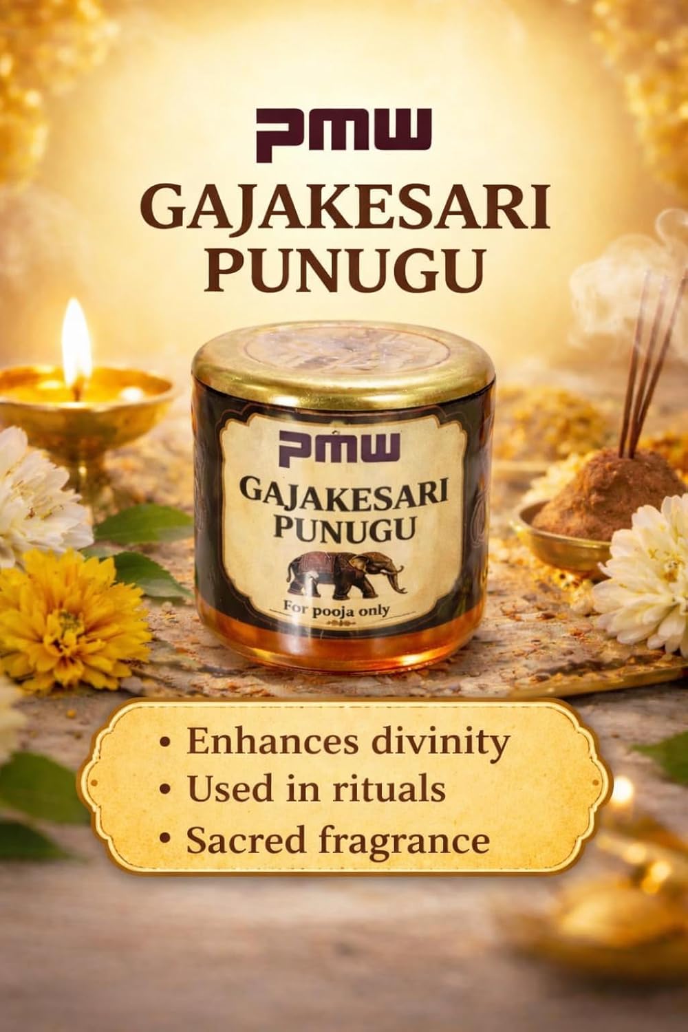 Pmw GAJAKESARI PUNUGU for Pooja, Sacred Fragrance for Rituals,Enhances Divinity, Temple Use,15 Grams, Pack of 1