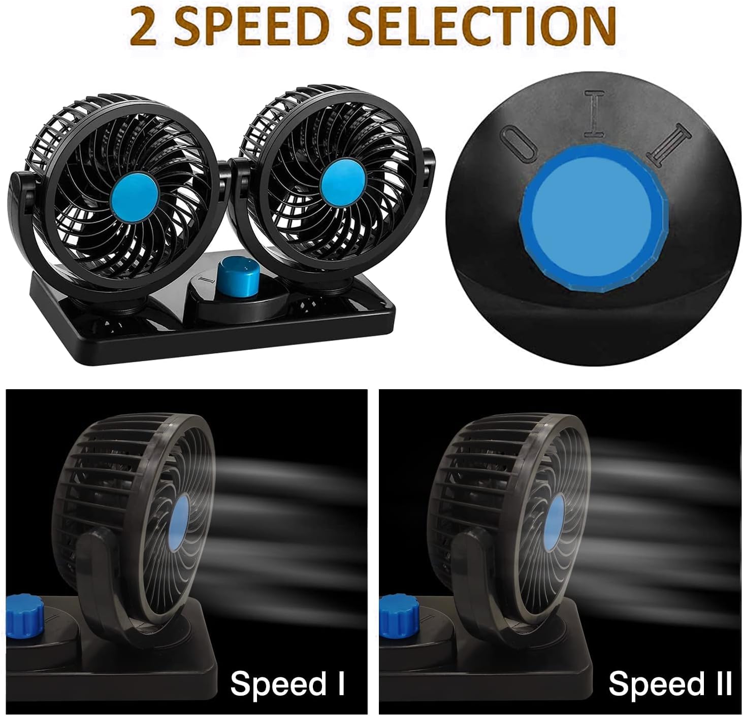 Woschmann Mitchell 12V DC Electric Car Fan for Dashboard, Double Head Cooling Electric Fan, 360 Degree Rotatable Small Fan for Car with 2 Speed Control, ABS Plastic, Dashboard Fan