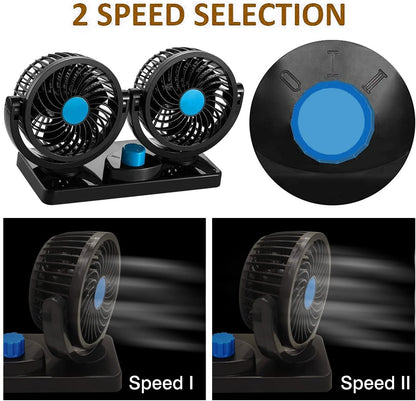 Woschmann Mitchell 12V DC Electric Car Fan for Dashboard, Double Head Cooling Electric Fan, 360 Degree Rotatable Small Fan for Car with 2 Speed Control, ABS Plastic, Dashboard Fan