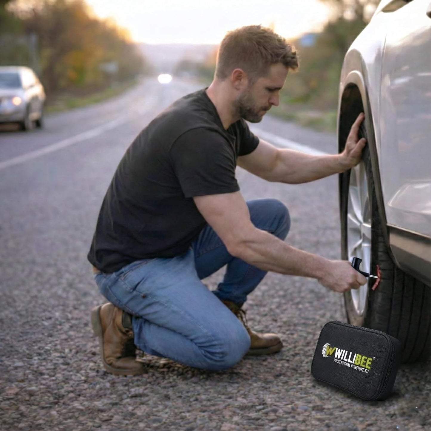WILLIBEE 11-in-1 (Pack of 10 Strips) Tubeless Tyre Puncture Repair Kit for Car & Bike | Heavy-Duty Puncher Kit (Includes Storage Bag)