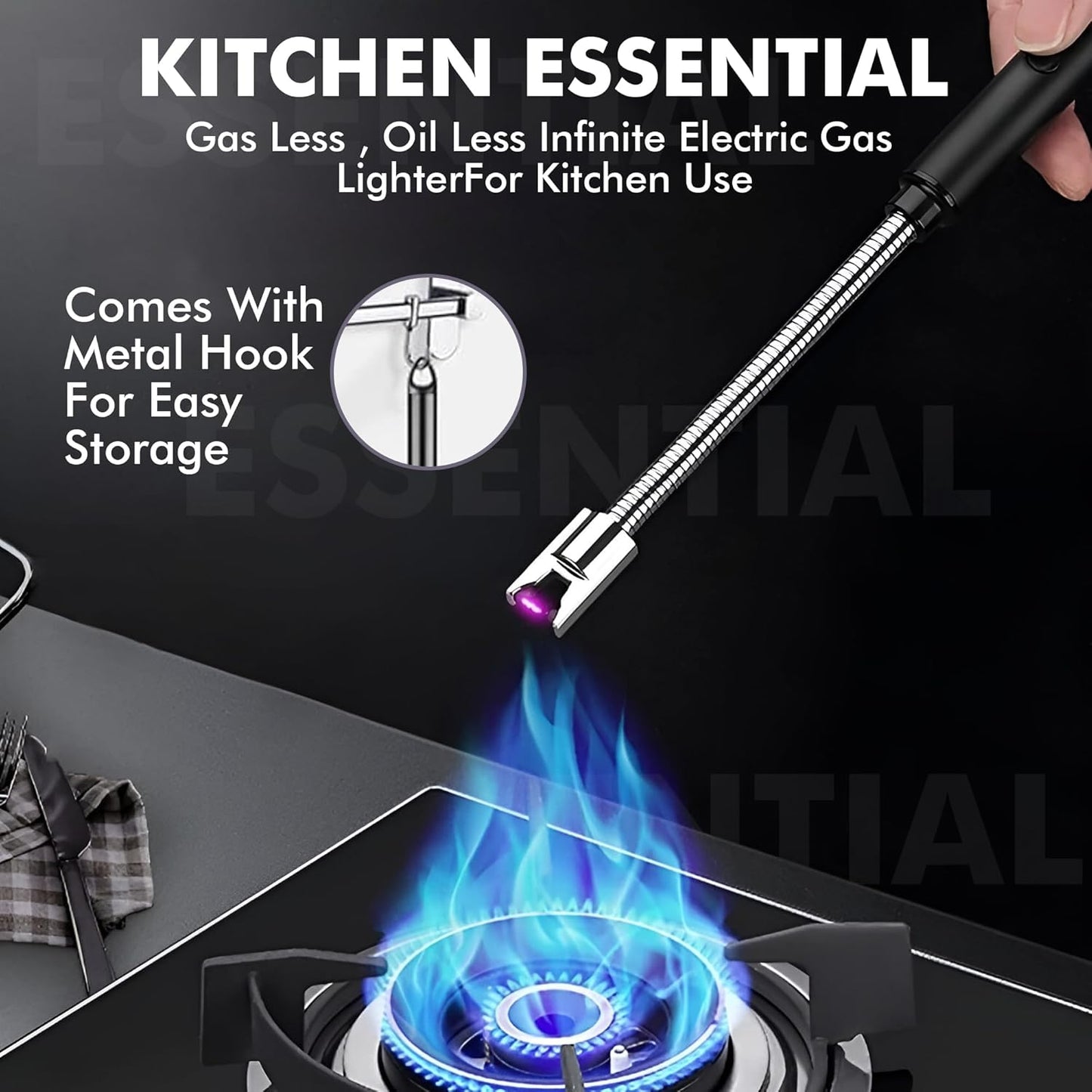 Rechargeable Electric Gas Lighter for Kitchen, Lighter for Gas Stove, Candles, Pooja, 1 Year Warranty, C-Type USB, Kitchen Tools, Multi Purpose - 360° Flexible & Windproof, Black