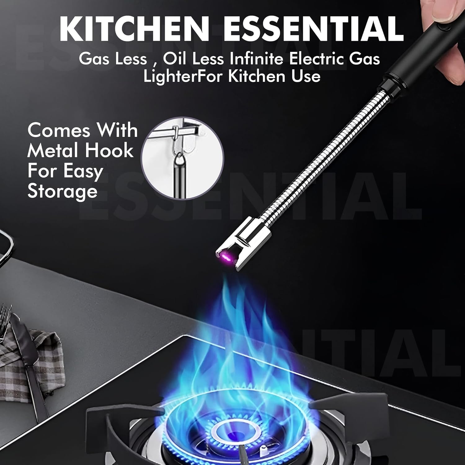 Rechargeable Electric Gas Lighter for Kitchen, Lighter for Gas Stove, Candles, Pooja, 1 Year Warranty, C-Type USB, Kitchen Tools, Multi Purpose - 360° Flexible & Windproof, Black