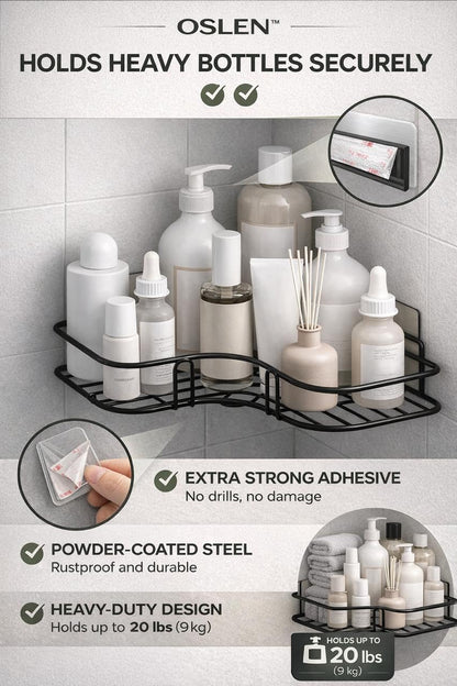Oslen Metal (Pack of 2 Self-Adhesive Shelf/Storage Organizer for Bathroom and Kitchen Corner Wall Mounted Rack Shelf Bathroom Accessories Storage Rack (No Drilling-Shelf Adhesive) (8 and 9 INCH,Black)