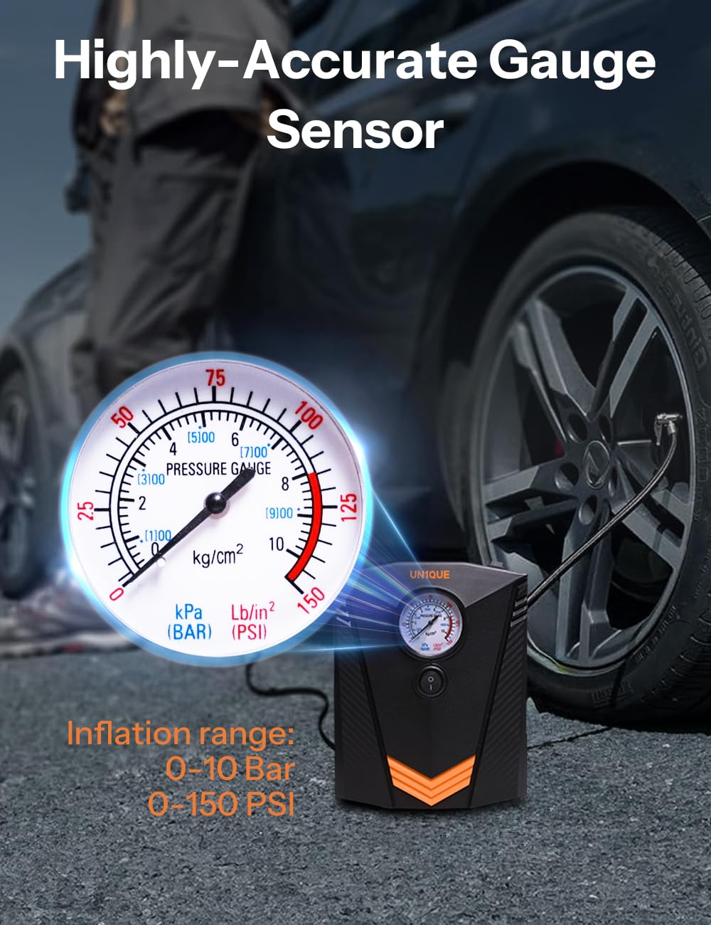 UN1QUE Tyre Inflator for Car, 150PSI Car Air Pump, 12V DC Portable Air Compressor for Tyre, Fast Inflation Speed Inflator Pump with LED Light
