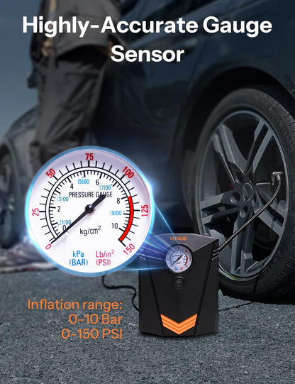UN1QUE Tyre Inflator for Car, 150PSI Car Air Pump, 12V DC Portable Air Compressor for Tyre, Fast Inflation Speed Inflator Pump with LED Light