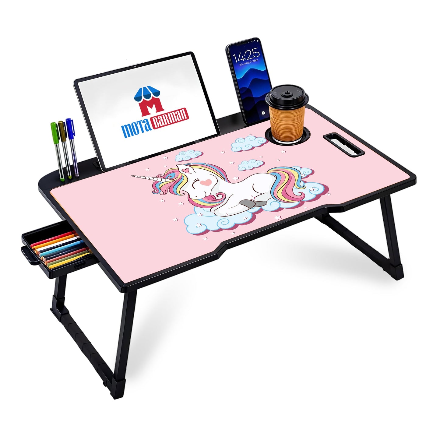 DIVIJA STORE Wood Smart Multipurpose Foldable Laptop Table with Cup Holder, Study Table, Bed Table, Breakfast Table, Foldable and Portable/Ergonomic & Rounded Edges/Non-Slip Legs (Black), 59 cm, 8 cm