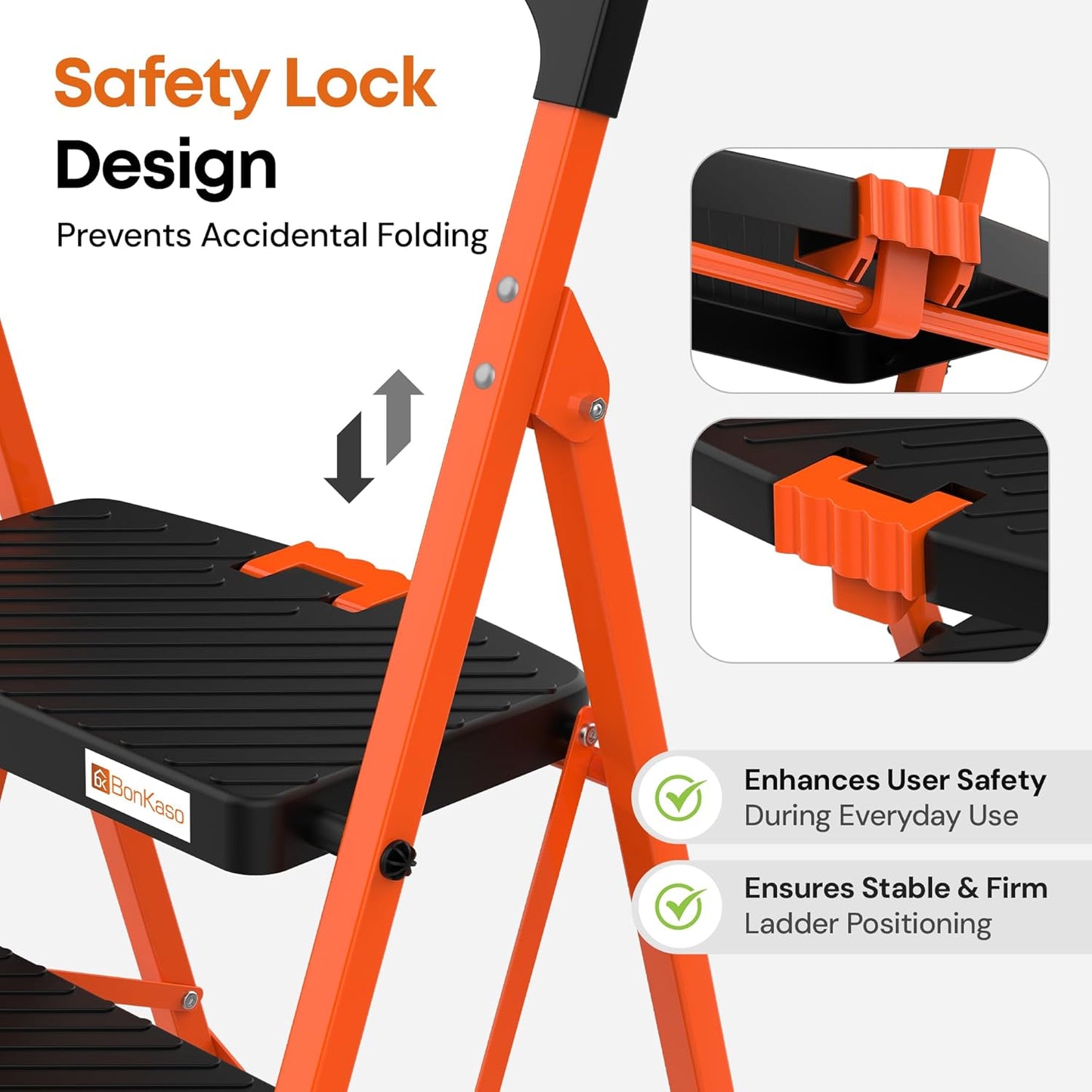 BonKaso Climb Easy 6 Step Heavy Duty Foldable Steel Kitchen Ladder for Home, Office & Outdoor Use with Anti-Slip Wide Steps, Support Handle & Tool Tray (Orange & Black)