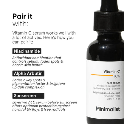Minimalist 10% Advanced Vitamin C Serum for Glowing Skin | Brightening & Dark Spot Treatment | Treats Uneven Skin Tone, Dullness & UV Damage | Daily Face Serum (Stable Vitamin C) | 10ml