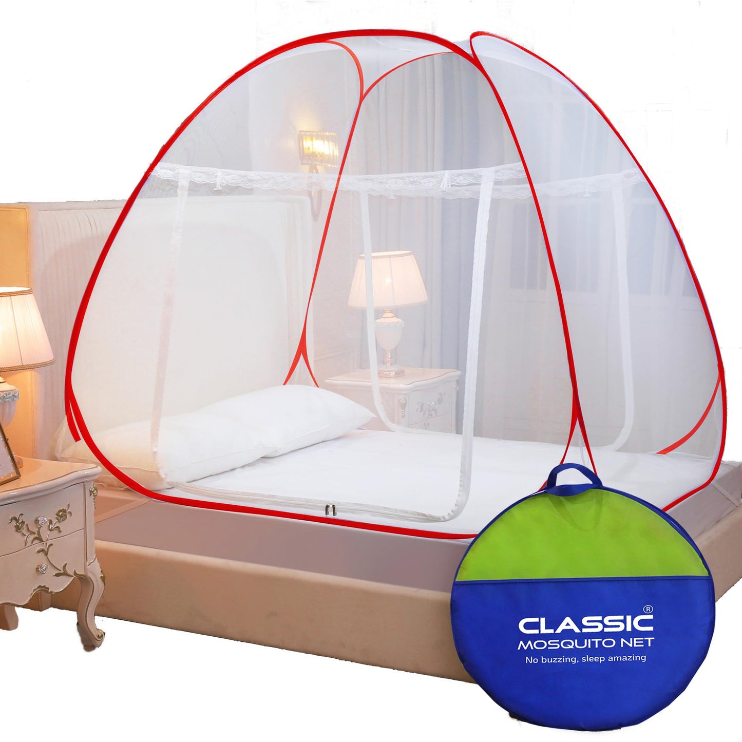 Classic Mosquito Net for Double Bed | King Size Foldable Machardani | Polyester 30GSM Strong Net | PVC Coated Corrosion Resistant Steel Wire - Blue