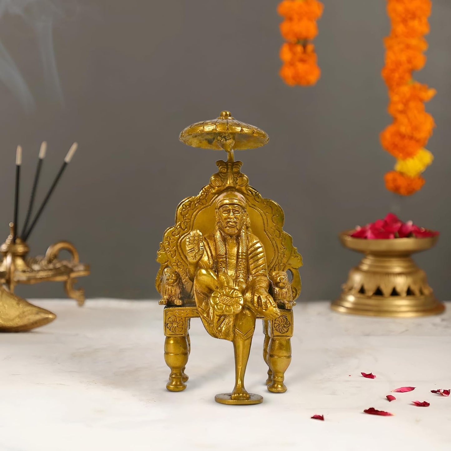 CRAFTHUT Handcrafted Brass Shirdi Sai Baba Statue with Chair and Umbrella - Religious Decorative Idol for Spiritual Harmony - 8.5x7x15Cm, 900Gm.