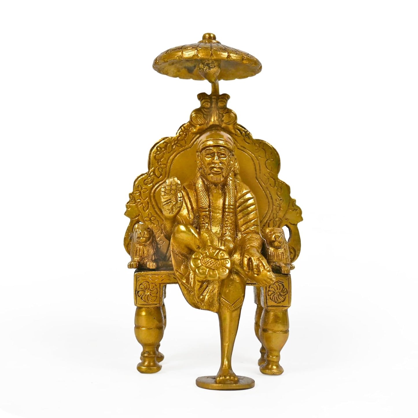 CRAFTHUT Handcrafted Brass Shirdi Sai Baba Statue with Chair and Umbrella - Religious Decorative Idol for Spiritual Harmony - 8.5x7x15Cm, 900Gm.
