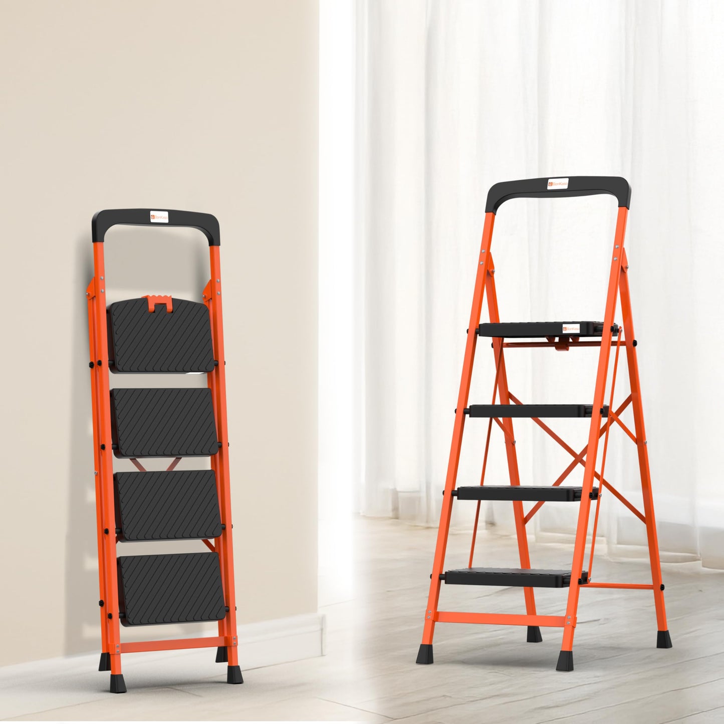BonKaso Climb Easy 6 Step Heavy Duty Foldable Steel Kitchen Ladder for Home, Office & Outdoor Use with Anti-Slip Wide Steps, Support Handle & Tool Tray (Orange & Black)