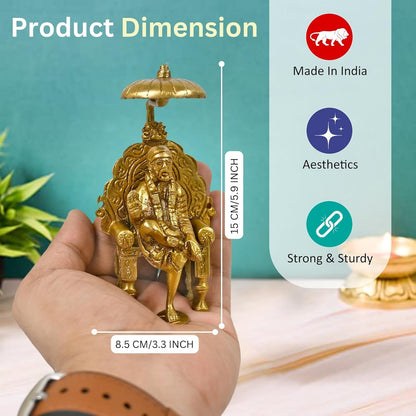 CRAFTHUT Handcrafted Brass Shirdi Sai Baba Statue with Chair and Umbrella - Religious Decorative Idol for Spiritual Harmony - 8.5x7x15Cm, 900Gm.