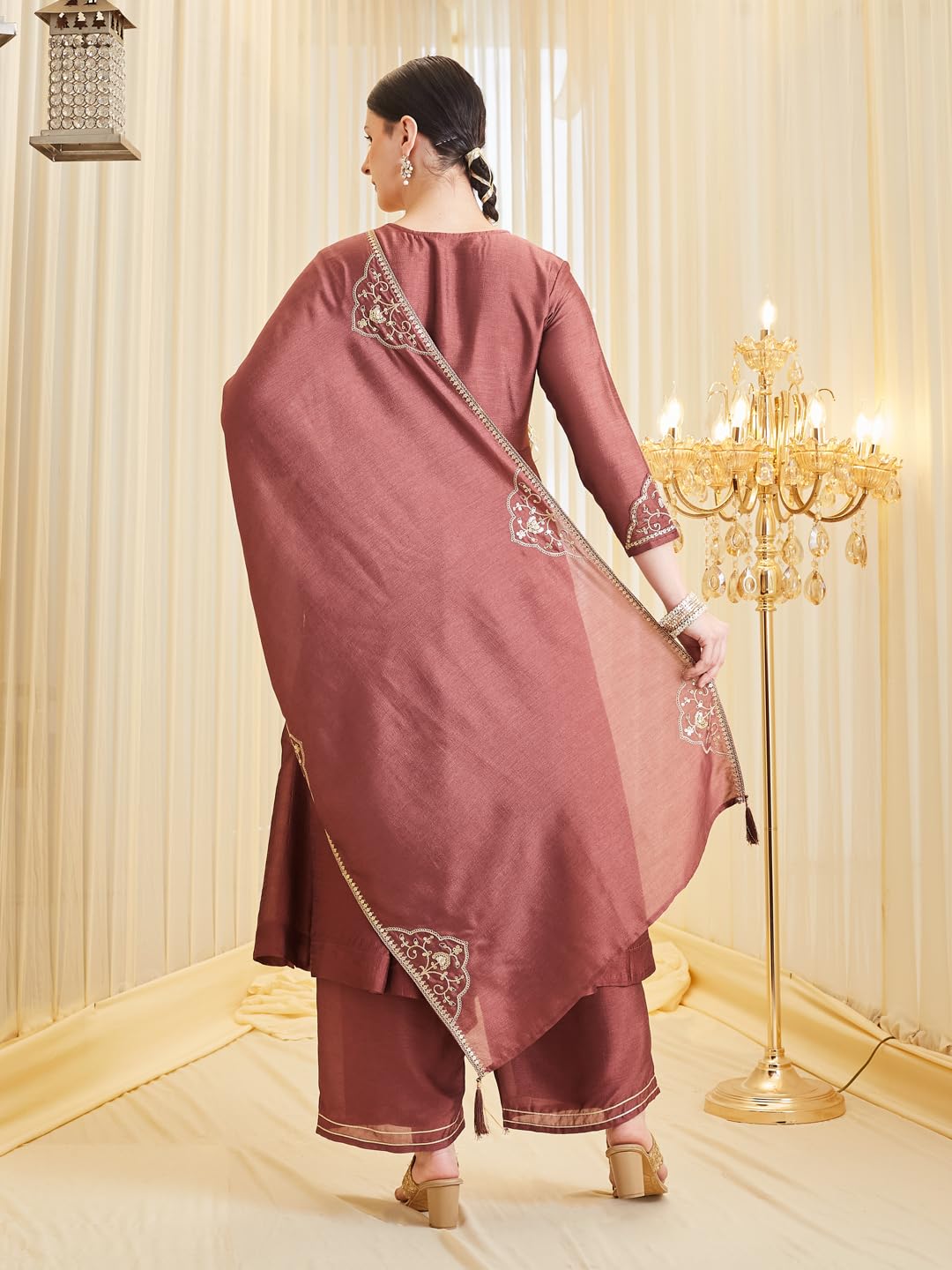 MOKOSH Women's Silk Embroidered Anarkali Kurta with Palazzo Set & Dupatta | Ethnic Handwork Kurta Set for Women | Daily, Office & Festive Traditional