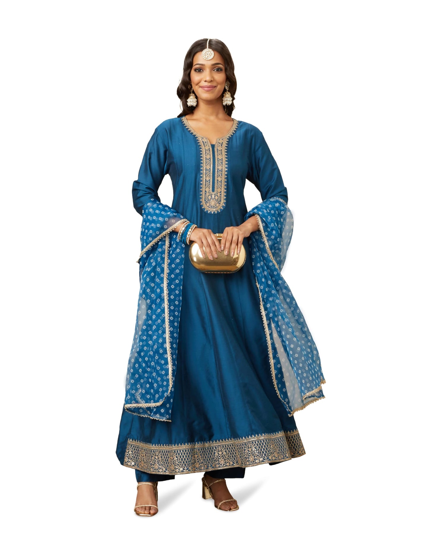 Amazon Brand - Myx Women's Embroidered Anarkali Kurta Pant Set with Organza Dupatta | A-line fit (Available in Plus Sizes)
