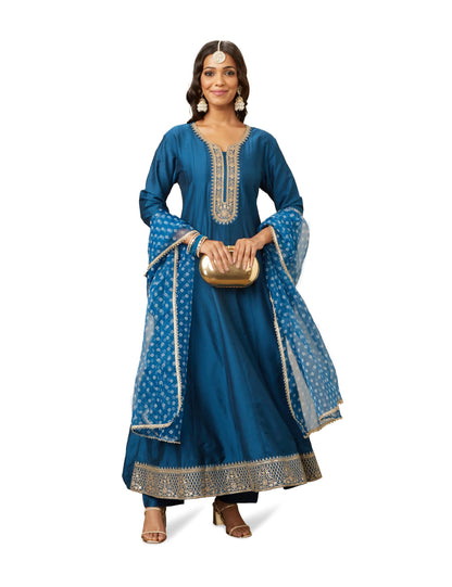 Amazon Brand - Myx Women's Embroidered Anarkali Kurta Pant Set with Organza Dupatta | A-line fit (Available in Plus Sizes)