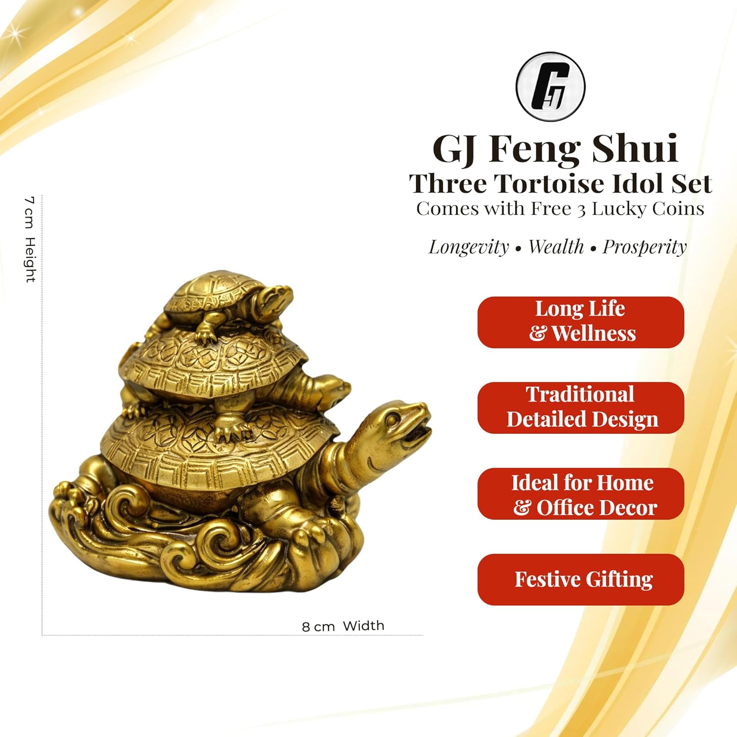 GJ Polyresin Feng Shui 3 Tortoise with 2 Lucky Coins for Good Luck & Wealth | Three Turtle Vastu Showpiece for Home Decor | House Warming & Shop Opening Gift