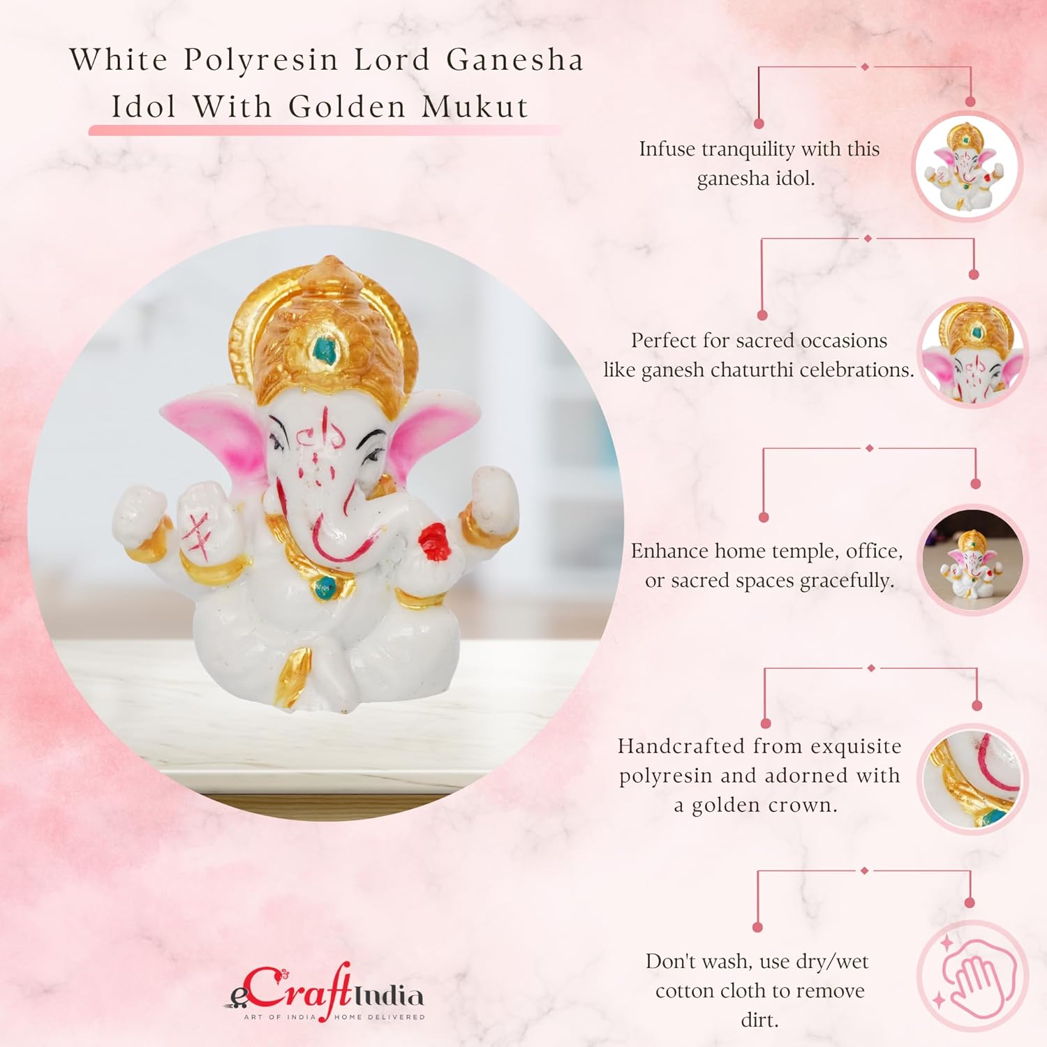 eCraftIndia White Resin Lord Ganesha Idol with Golden Mukut| Lord Ganesha Idol for Home Decor Office Car Dashboard| Ganesha Statue for Puja Room| Ganpati Murti| God Statue Gift for Diwali, Birthday