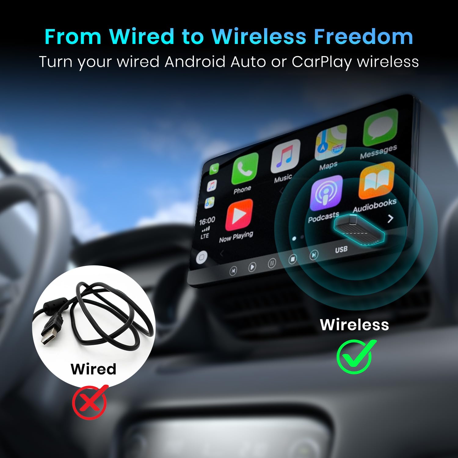 Portronics Tune, 2-in-1 Wireless Car Receiver, Converts Wired Auto Android & CarPlay to Wireless, Bluetooth Connectivity, Only for Cars with OEM Installed Wired Android Auto/CarPlay, 6 Months Warranty