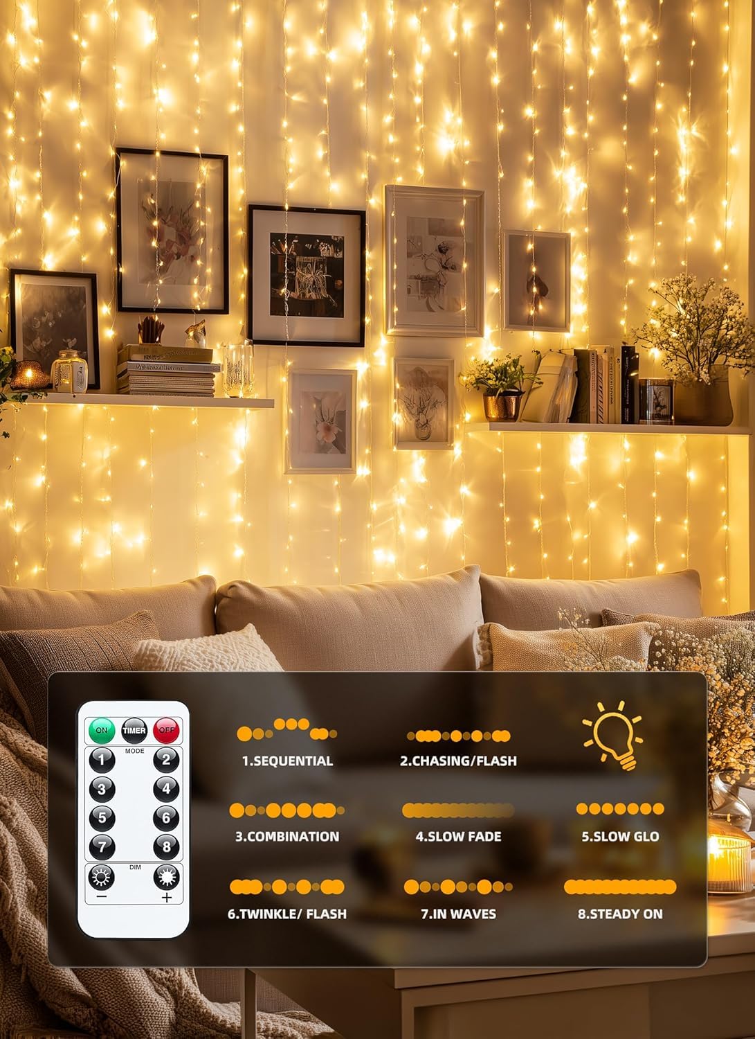 FLYNGO Fairy Curtain String Lights for Decoration, Warm White USB Powered 300 LED Lights with 8 Flashing Modes, Lights for Diwali, Christmas, Wedding, Party, Home (Fairy Curtain Warm White)