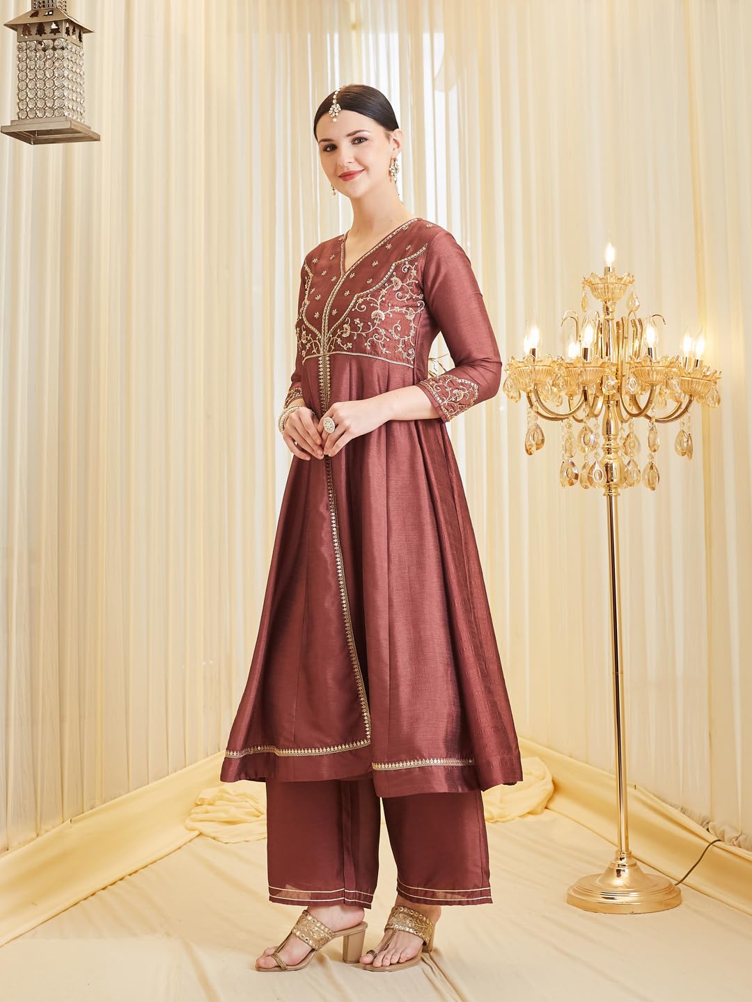 MOKOSH Women's Silk Embroidered Anarkali Kurta with Palazzo Set & Dupatta | Ethnic Handwork Kurta Set for Women | Daily, Office & Festive Traditional