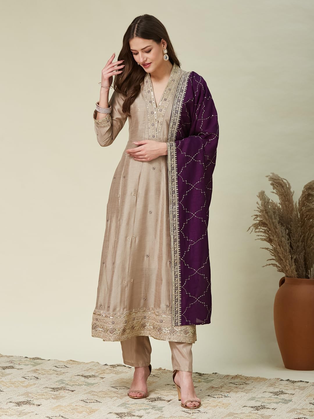MOKOSH Women's Silk Embroidered Kurta Pant Dupatta Set