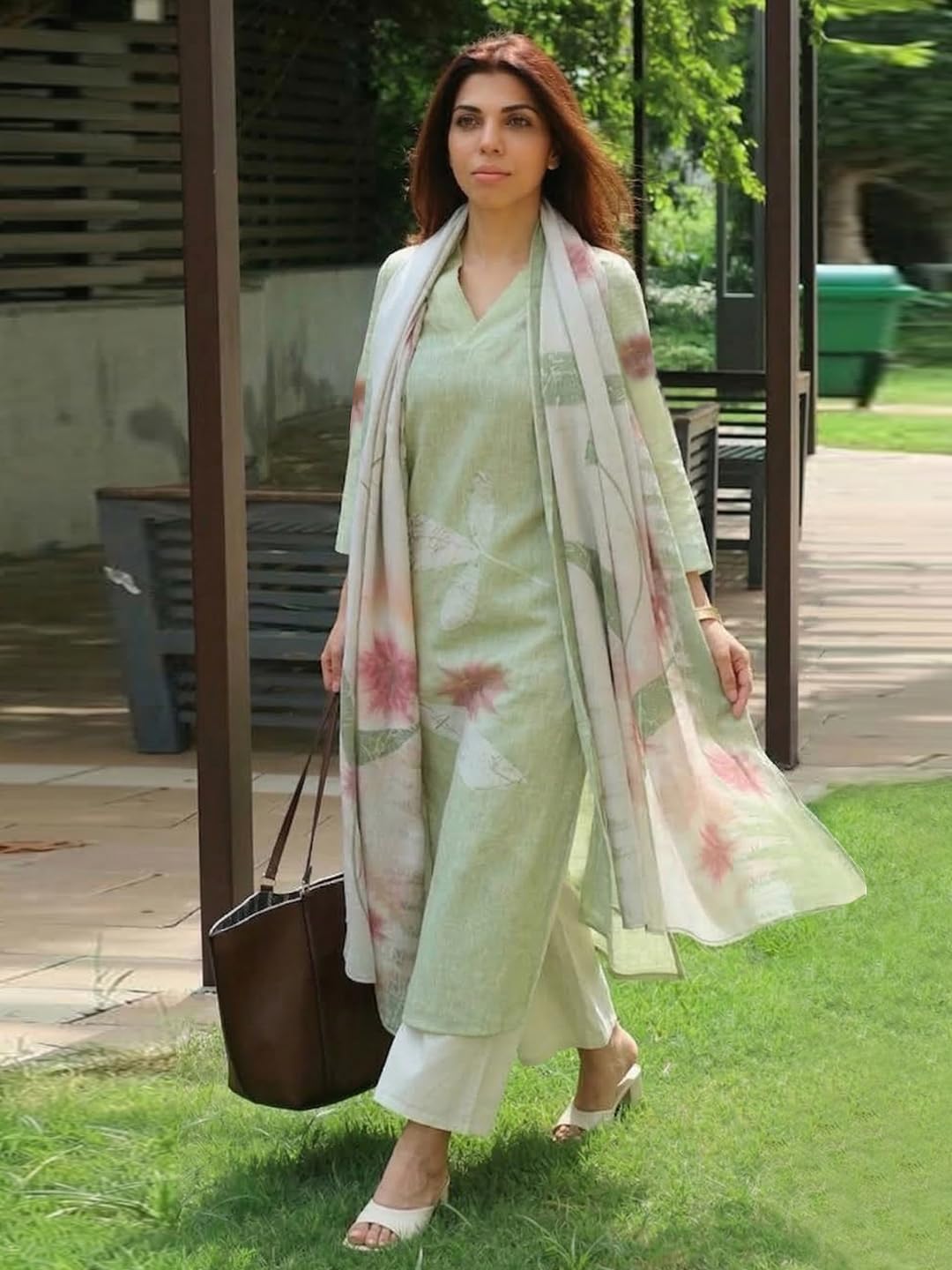GoSriKi Women Cotton Blend Straight Fit Printed Kurta Pant Dupatta Set | V Neck Three Quarter Sleeve Ensemble | Soft Breathable Fabric | Comfortable Elegant Styling for Office Casual Wear