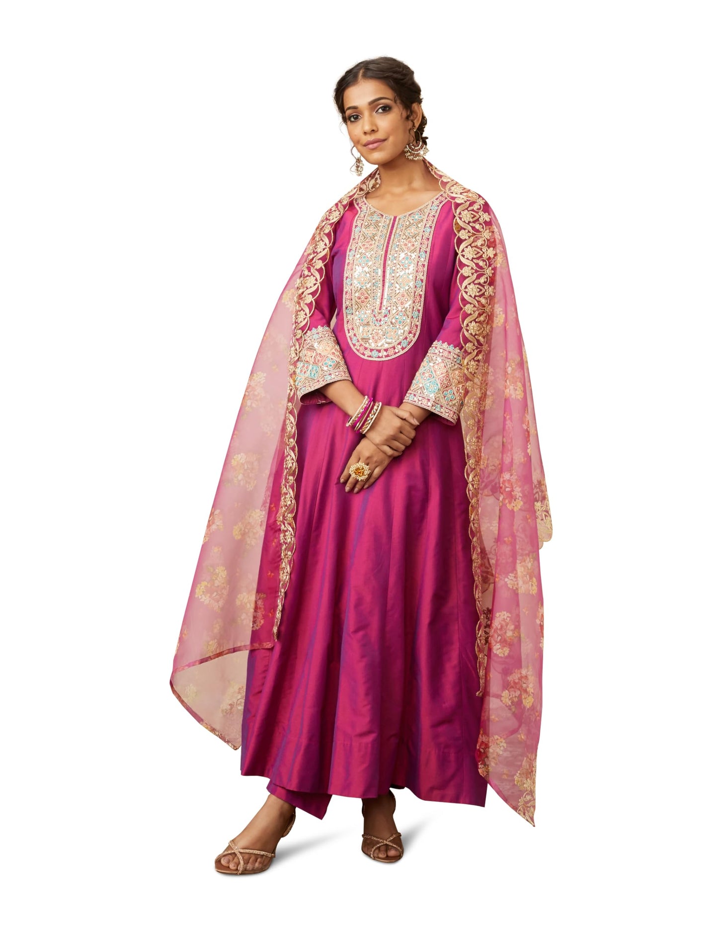 Amazon Brand - Myx Women's Embroidered Anarkali Kurta Pant Set with Organza Dupatta | A-line fit (Available in Plus Sizes)