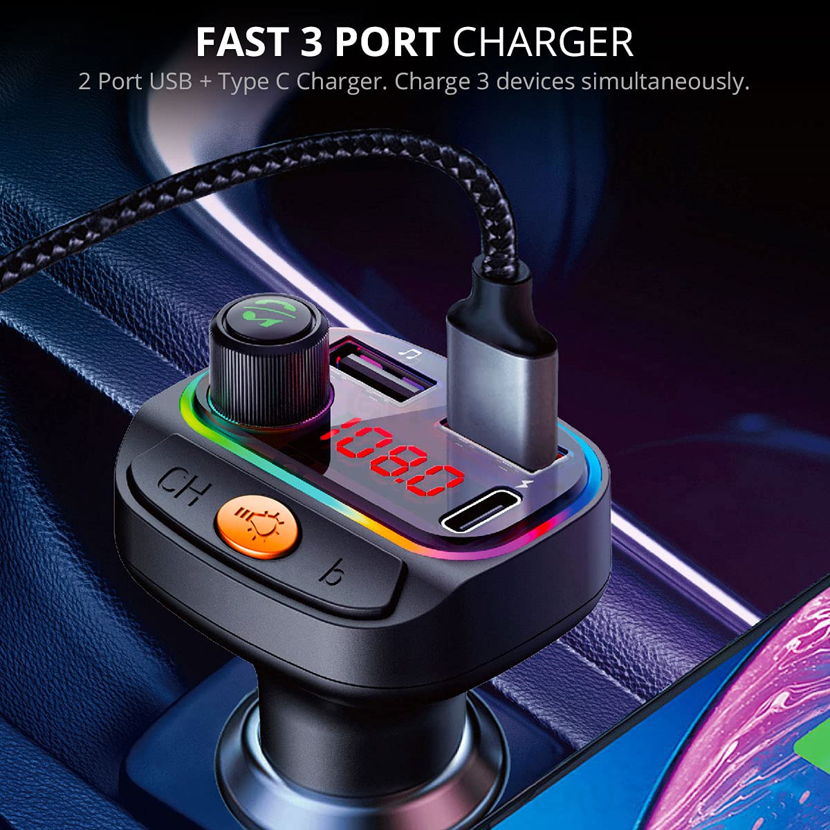 CRUST CS30 Car Bluetooth Device [Upgraded BT v5.3] with Call Receiver, FM Transmitter for Music System & Dual USB + Type C Charger; 7 Colour LED Lights; 6 EQ Presets; USB MP3 Support; Voice Assistant