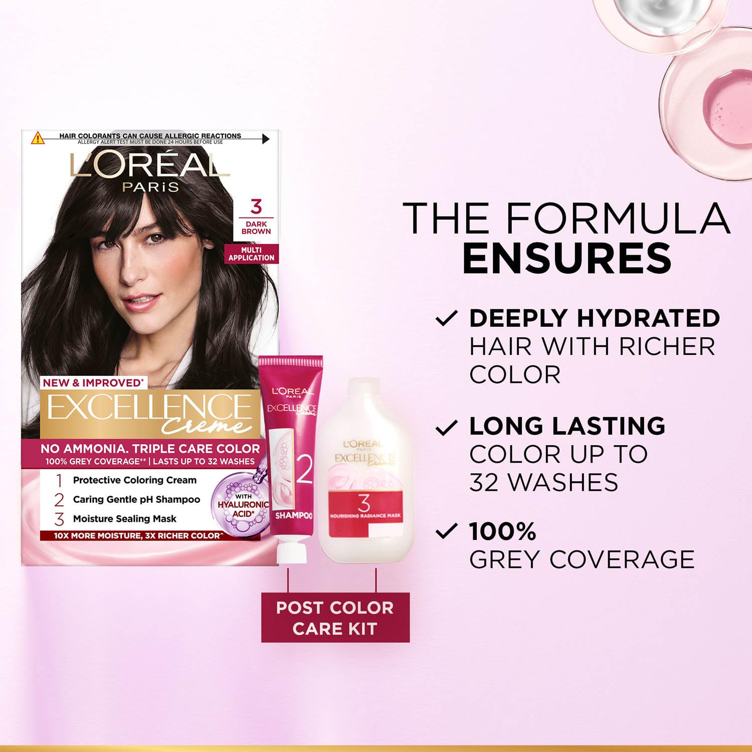 L'Oréal Paris Permanent Hair Colour, Radiant At-Home Hair Colour with up to 100% Grey Coverage, Pro-Keratin, Up to 8 Weeks of Colour, Excellence Crème, 3 Natural Darkest Brown, 72ml+100g