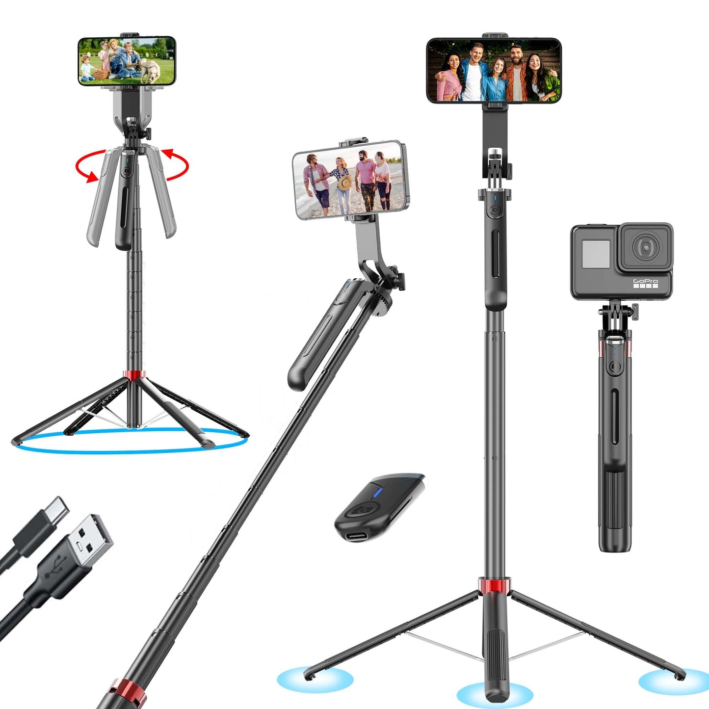 Kratos K9 Selfie Stick Tripod With Light, 67 inch /170CM Reinforced Tripod for Mobile Phone, Multi-Functional Bluetooth Long Selfie Stick for Travel,Vlogging,Compatible with iPhone and All Smartphones