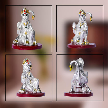 999 Silver Plated Lord Hanuman Ji Idol for Car Dashboard, Home Decor Showpiece, Puja|Religious Statue for Peace and Prosperity|Luxury Sculptures for Table Decor, Gift, Festival 6cmx6cmx9cm