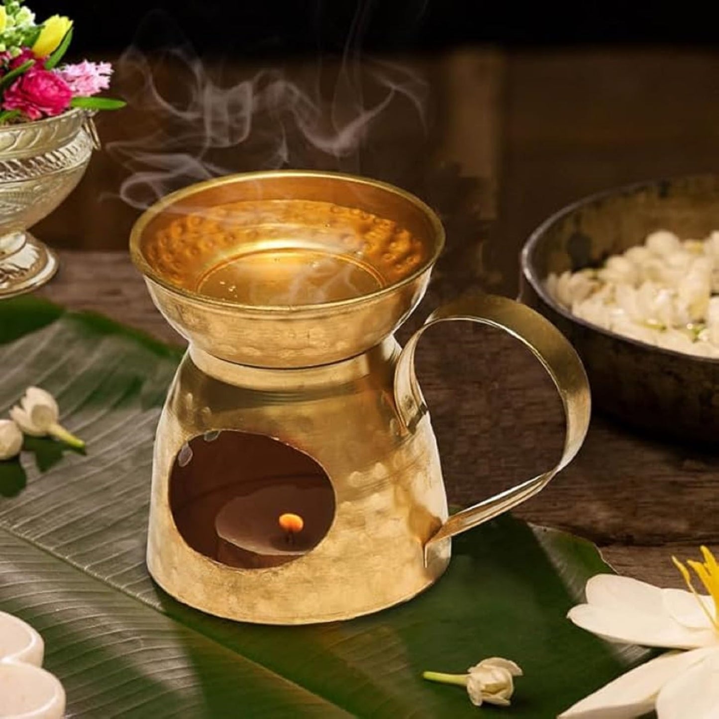 Pure Source India Brass Aroma Burner/Candle Burner/Oil Diffuser/Dhoop Dani (Gold) (3.25inch)